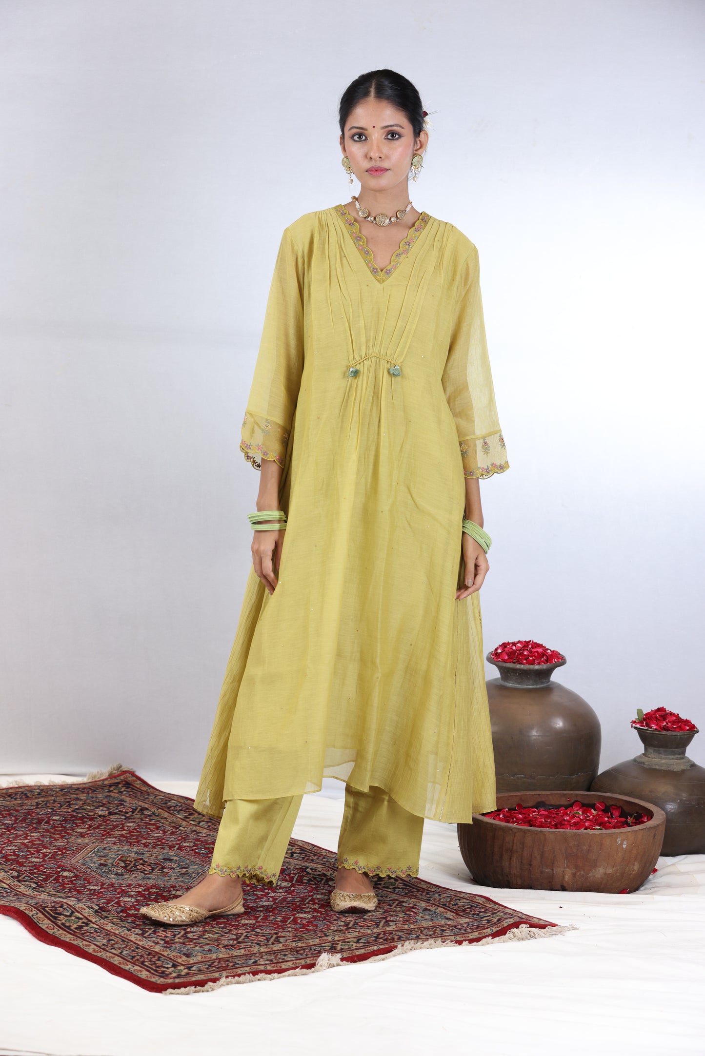 Dia Gathered Kurta Set - Lemon Yellow