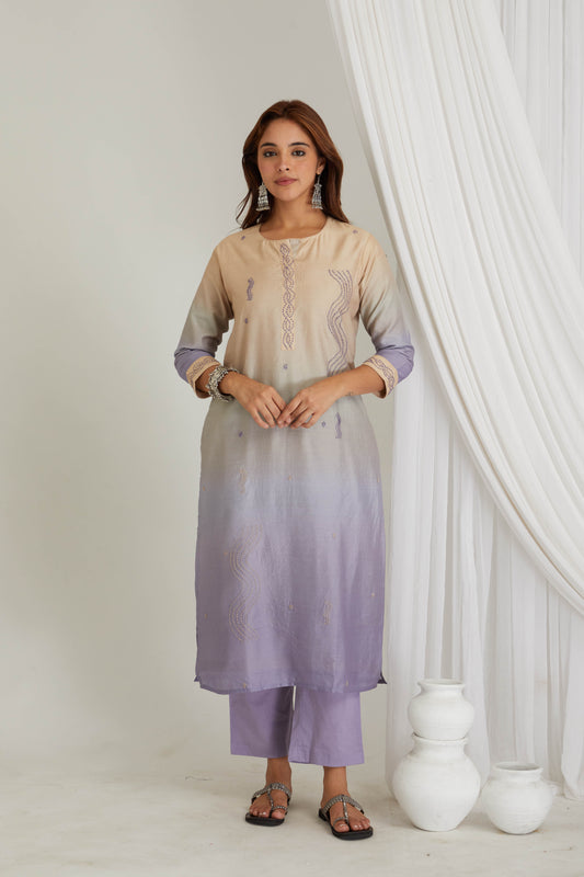 Blue Beige Chanderi Thread Work Suit - Set of 3