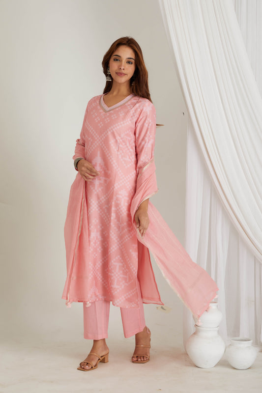 Pink Printed Chanderi Suit - Set of 3