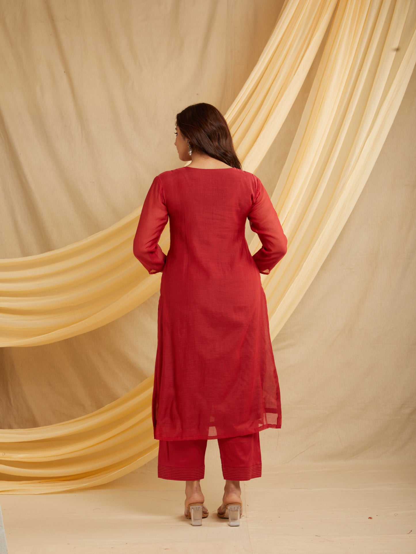 Line Yoke Kurta Set - Red