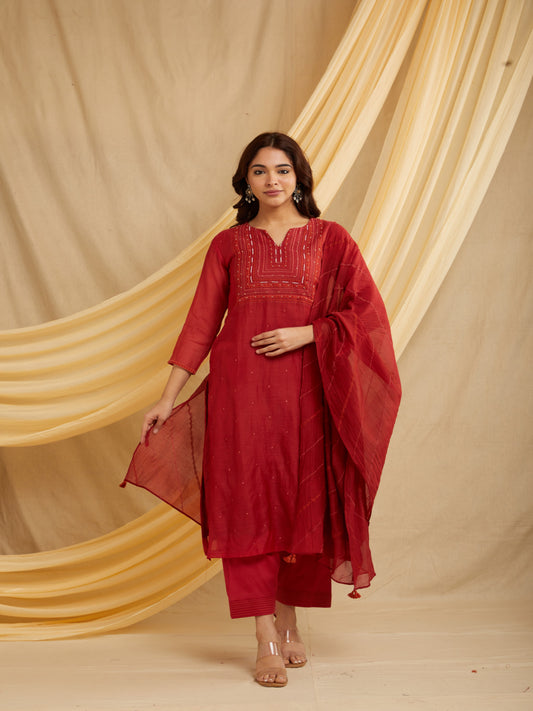 Line Yoke Kurta Set - Red