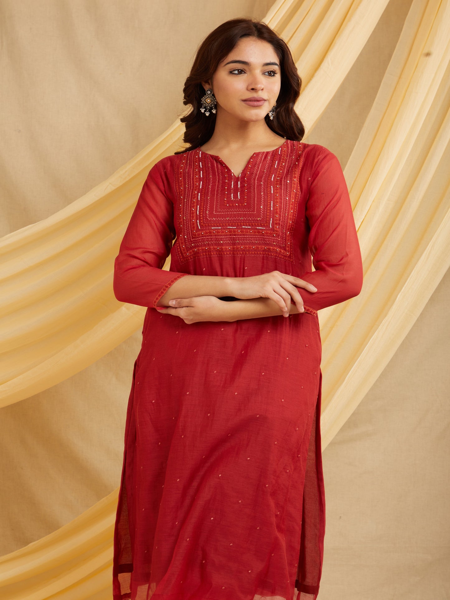 Line Yoke Kurta Set - Red