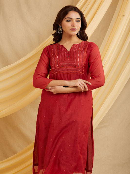 Line Yoke Kurta Set - Red