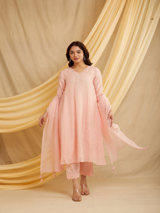 Mirror Neck Kurta Set - Light Pink