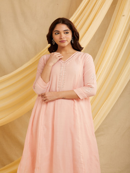 Mirror Neck Kurta Set - Light Pink