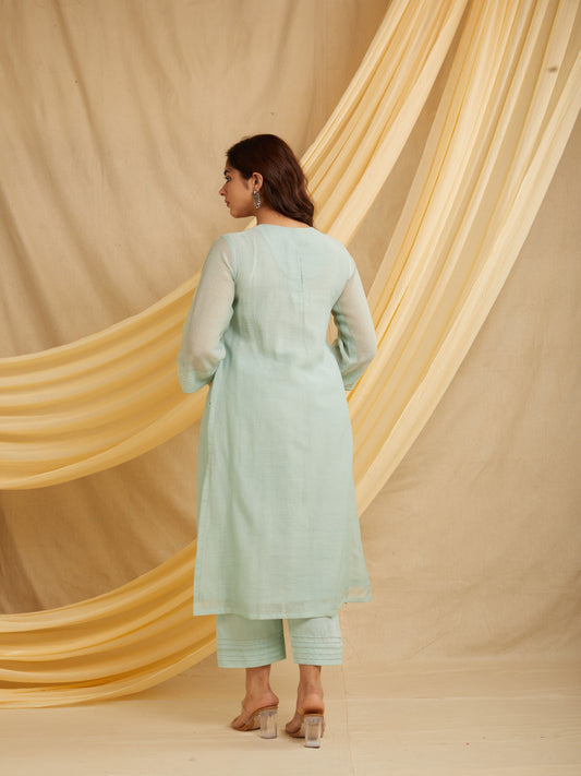 Floral Yoke Kurta Set - Light Blue