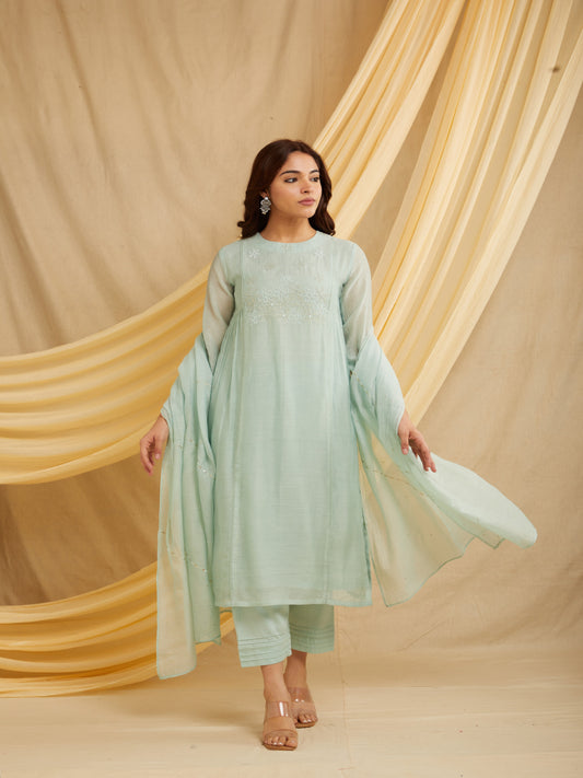Floral Yoke Kurta Set - Light Blue
