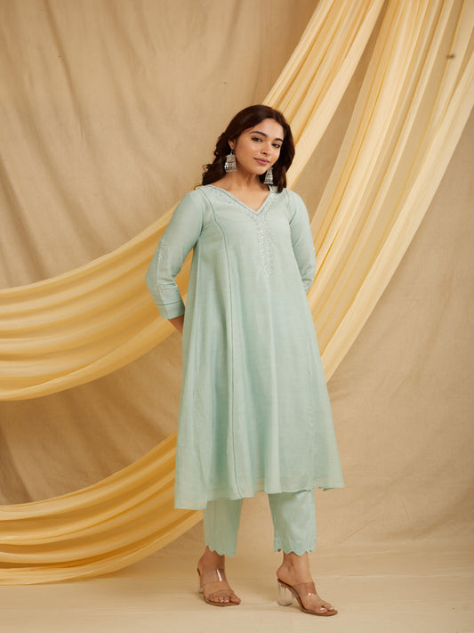 Mirror Neck Kurta Set - Light Blue