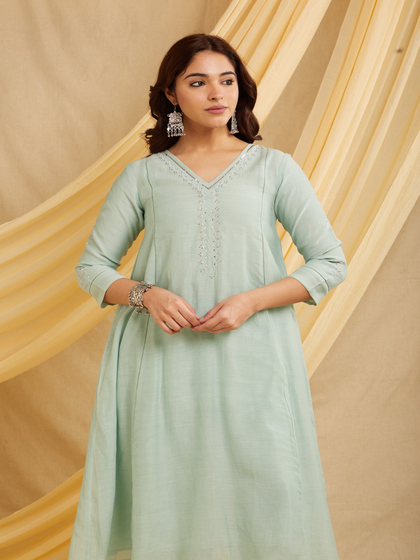 Mirror Neck Kurta Set - Light Blue