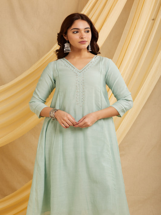 Mirror Neck Kurta Set - Light Blue