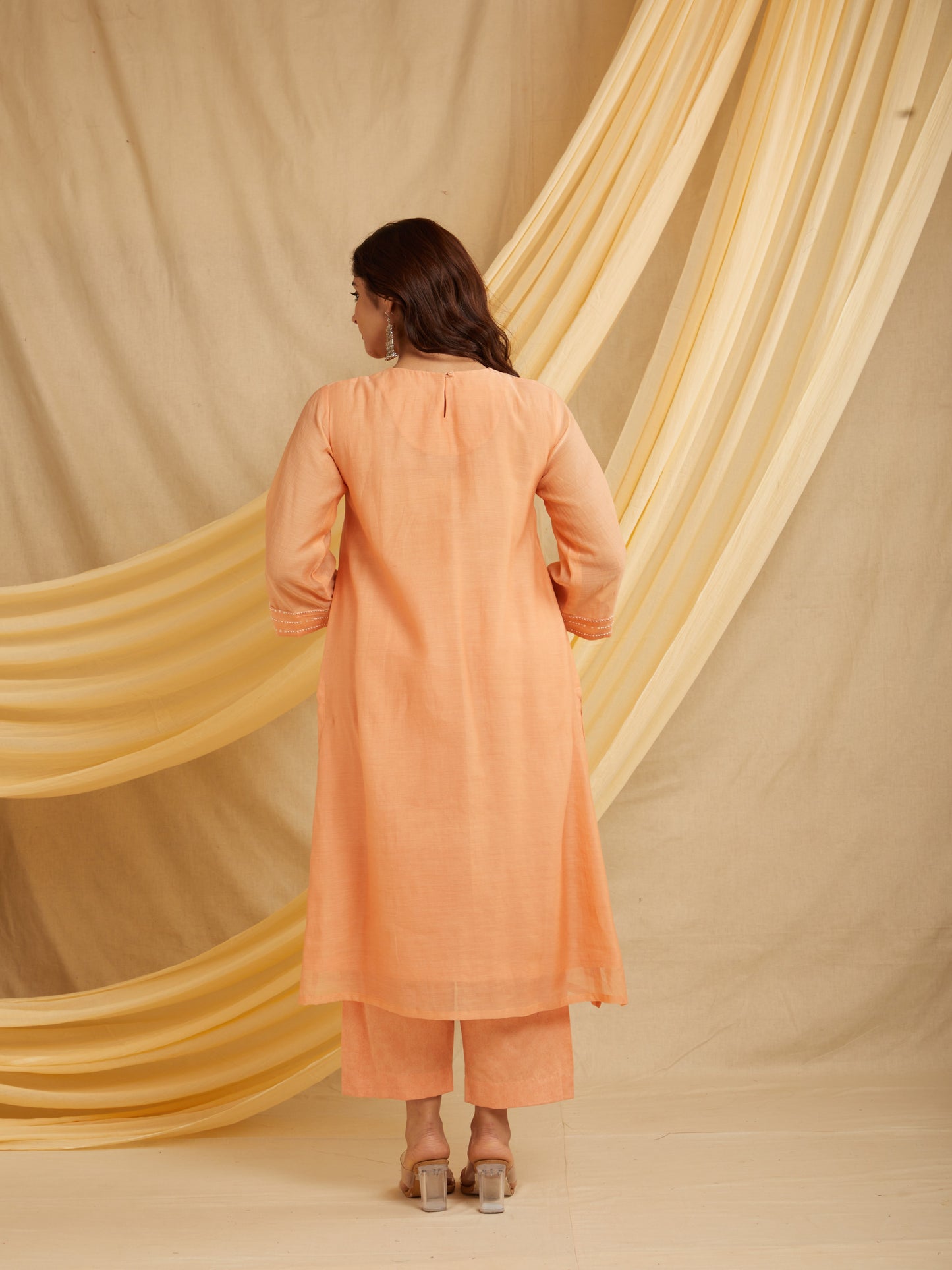 Mirror Panelled Kurta Set - Light Peach