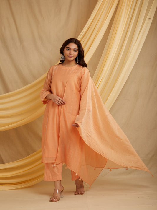 Mirror Panelled Kurta Set - Light Peach