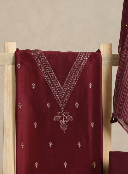 Pure Chanderi Embroidered Maroon Suit Piece