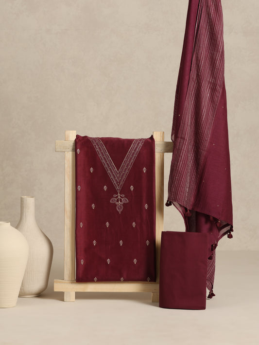 Pure Chanderi Embroidered Maroon Suit Piece