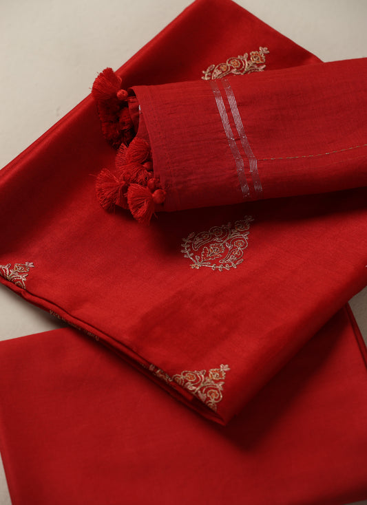 Pure Chanderi Dori Embroidered Red Suit Piece