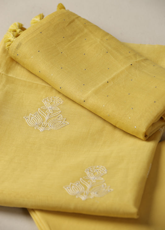 Pure Mul Chanderi Embroidered Yellow Suit Piece