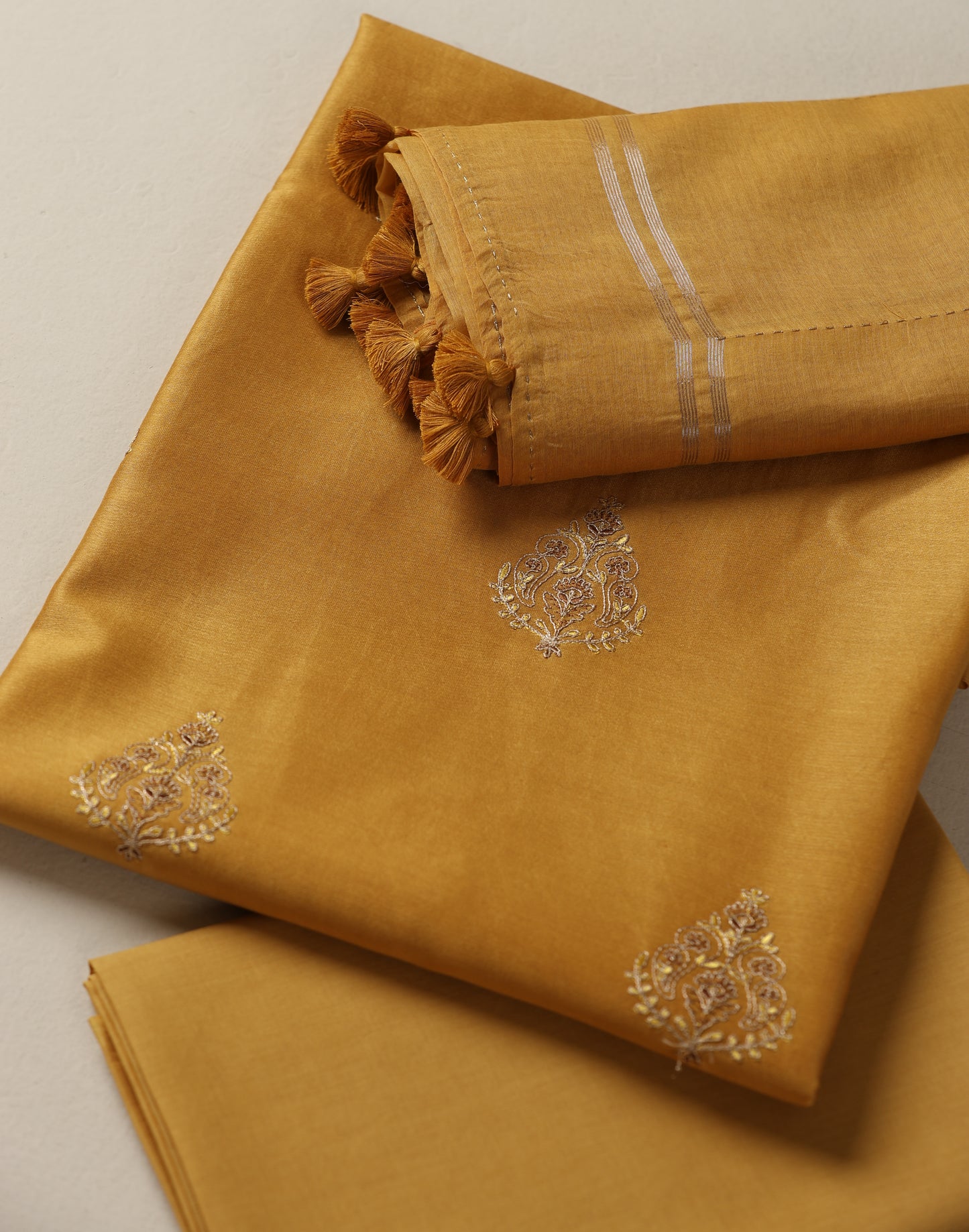 Pure Chanderi Dori Embroidered Mustard Suit Piece