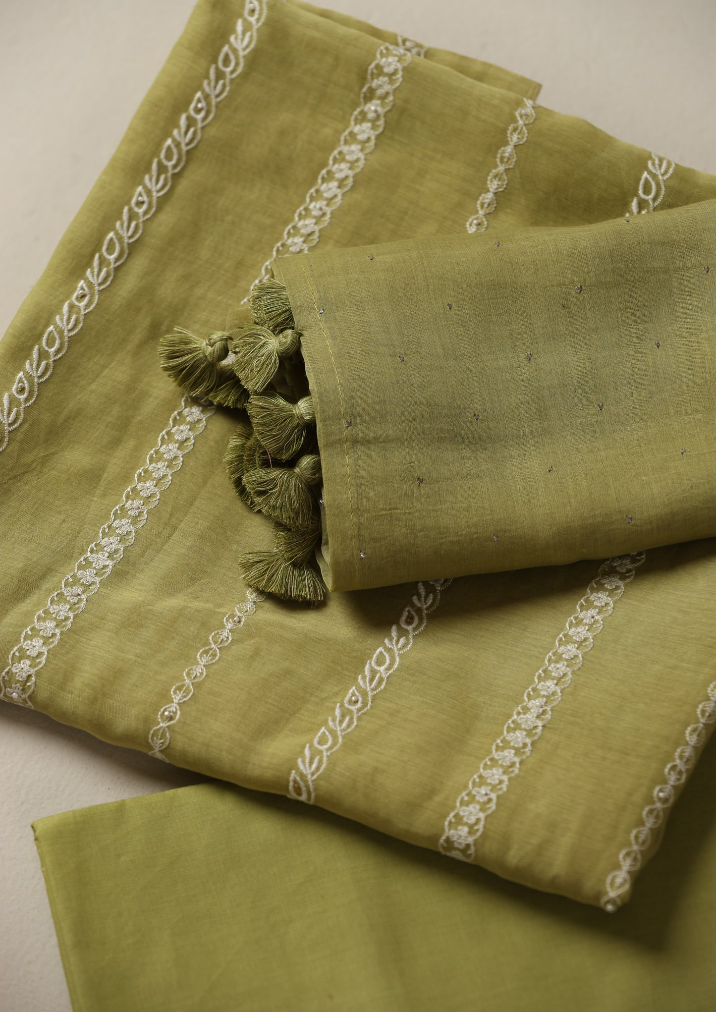 Pure Mul Chanderi Green Embroidered Suit Piece