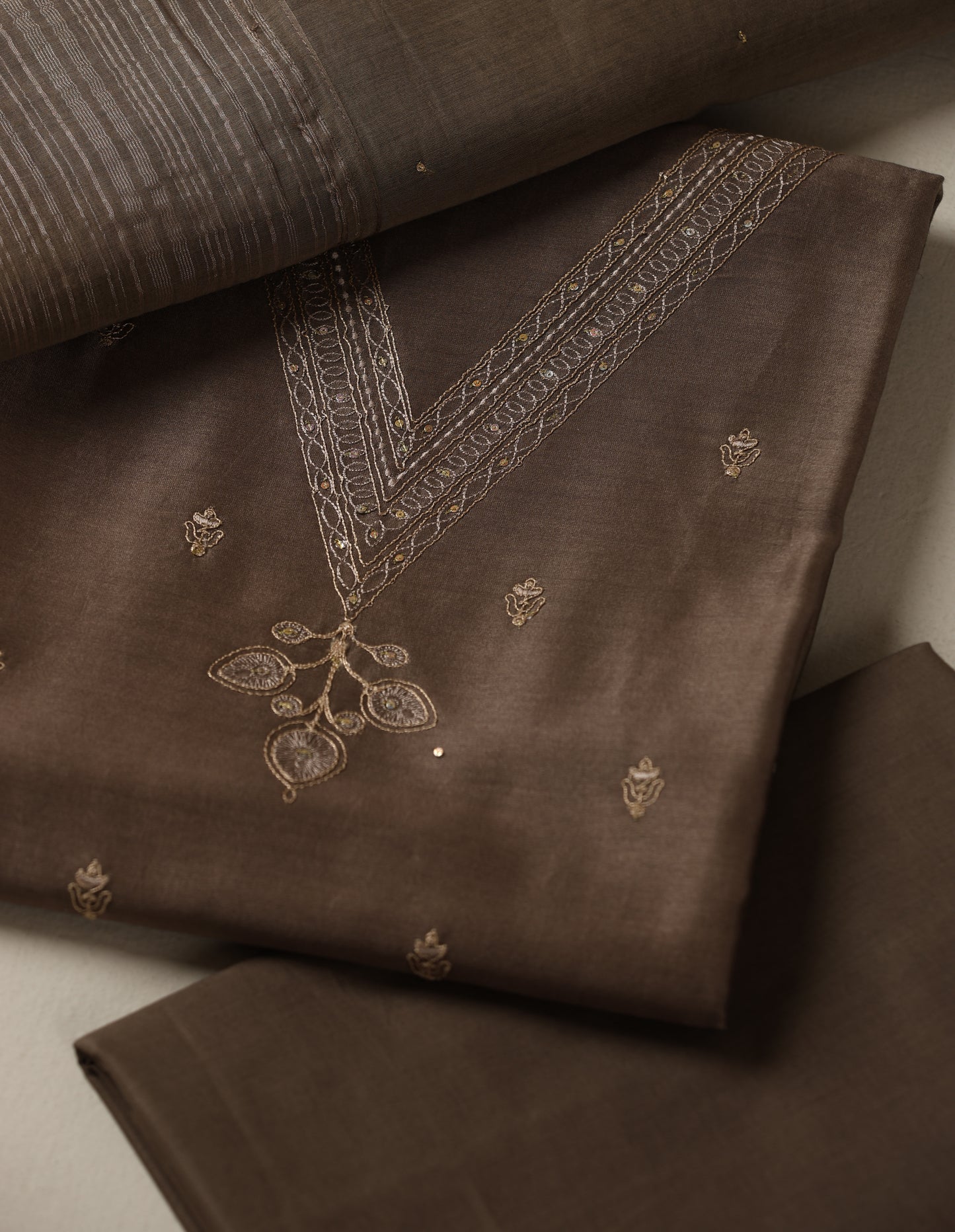 Pure Chanderi Dori Embroidered Brown Suit Piece