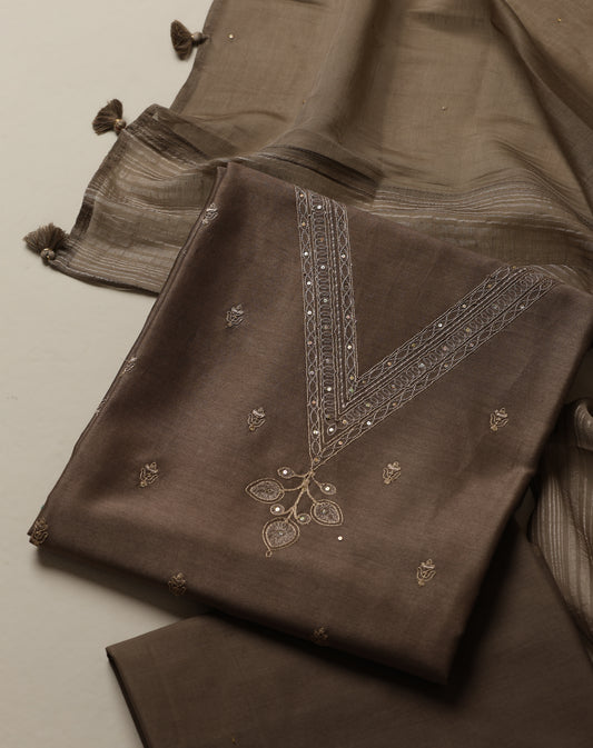 Pure Chanderi Dori Embroidered Brown Suit Piece