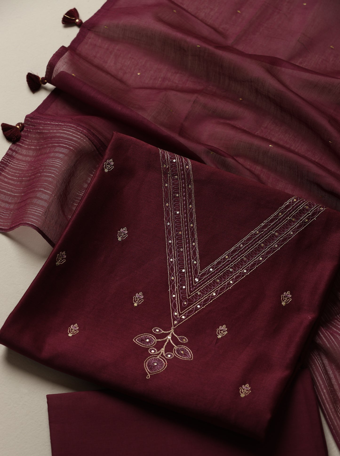 Pure Chanderi Embroidered Maroon Suit Piece