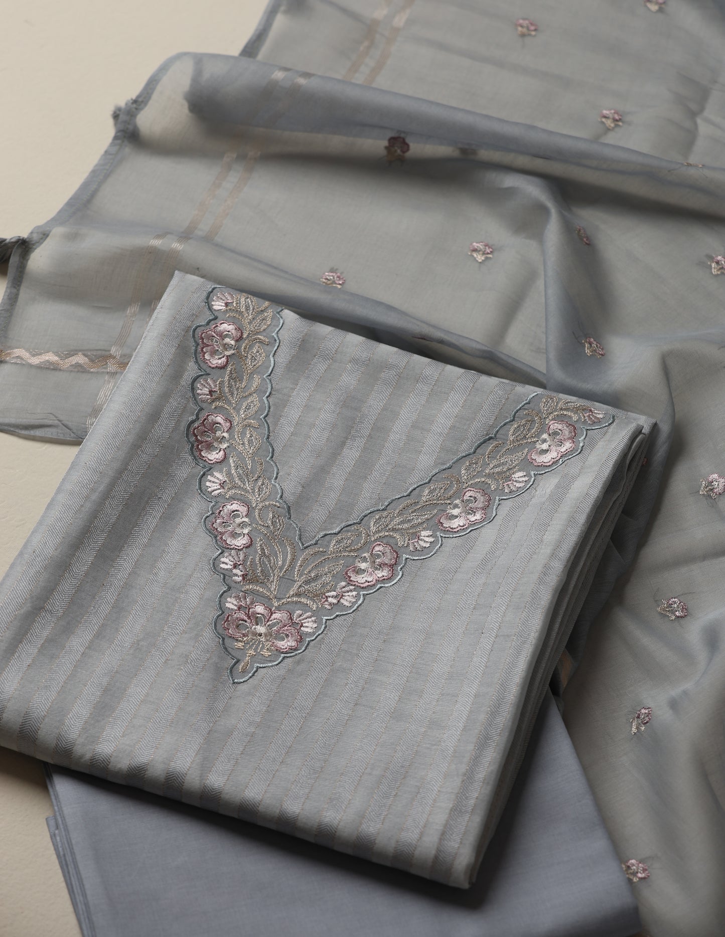 Pure Chanderi Embroidered Grey Suit Piece