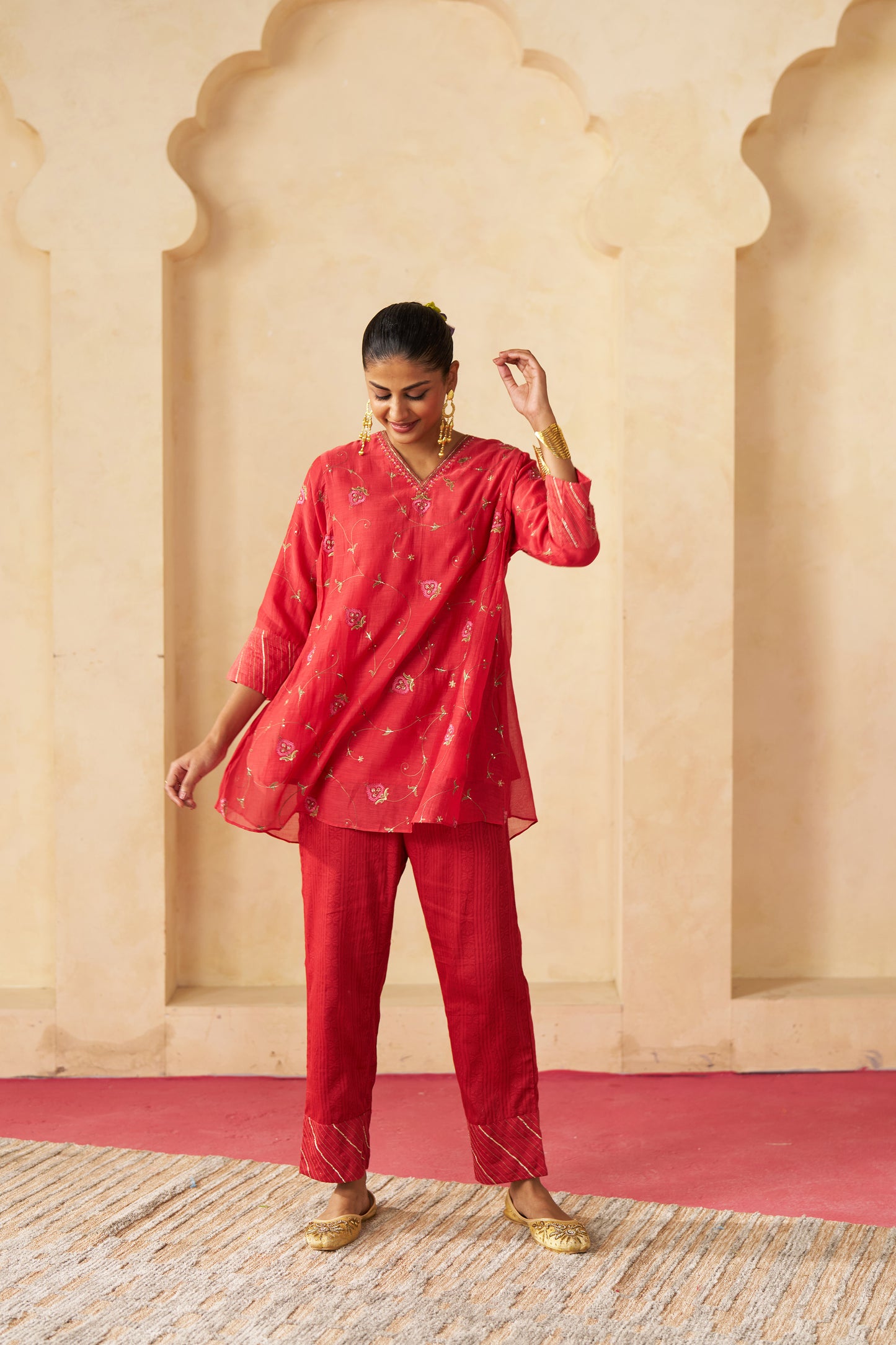 Gudhal Jaal Cord Set- Red