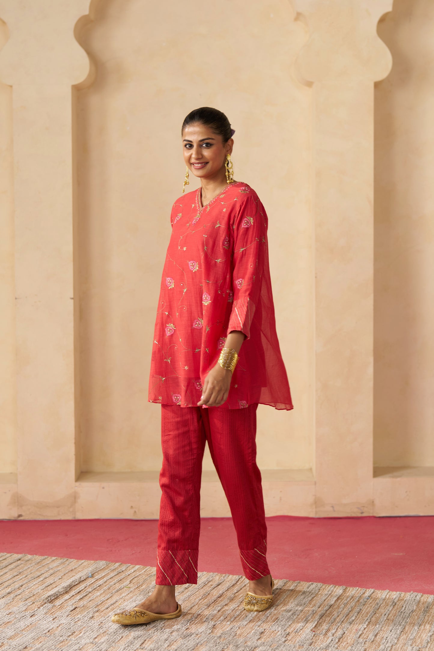 Gudhal Jaal Cord Set- Red