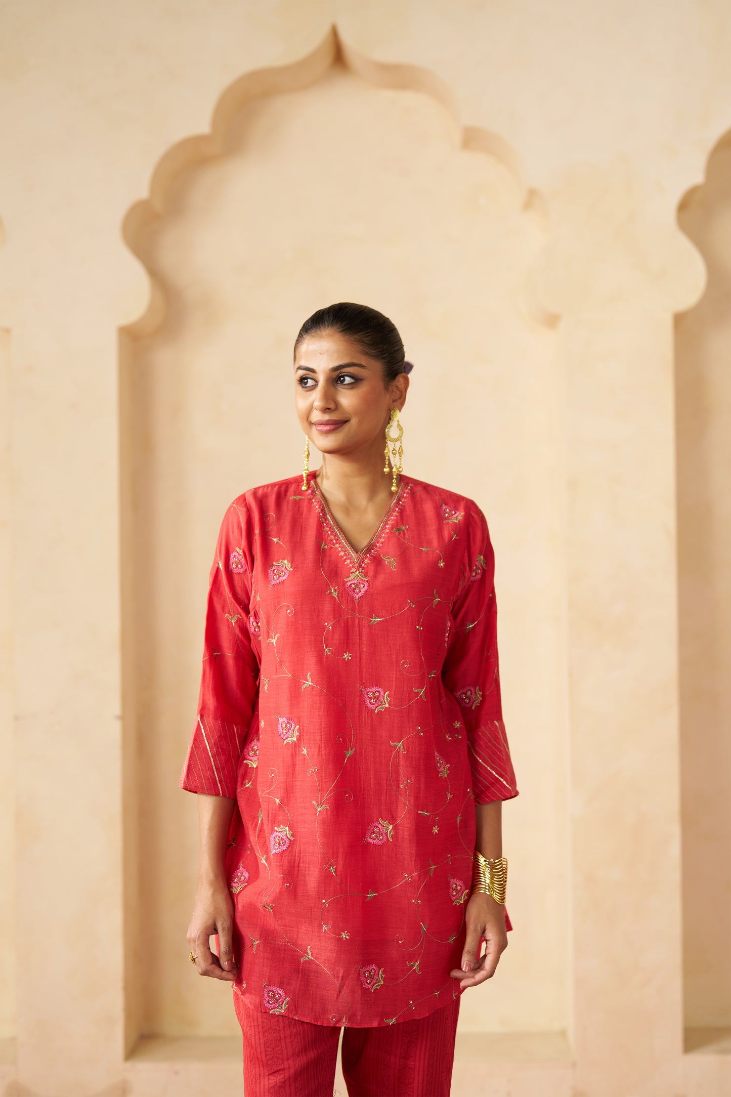 Gudhal Jaal Cord Set- Red