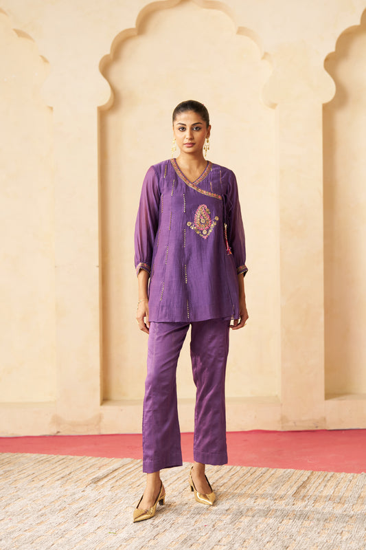 Shahi Gul Angrakha Cord Set- Purple