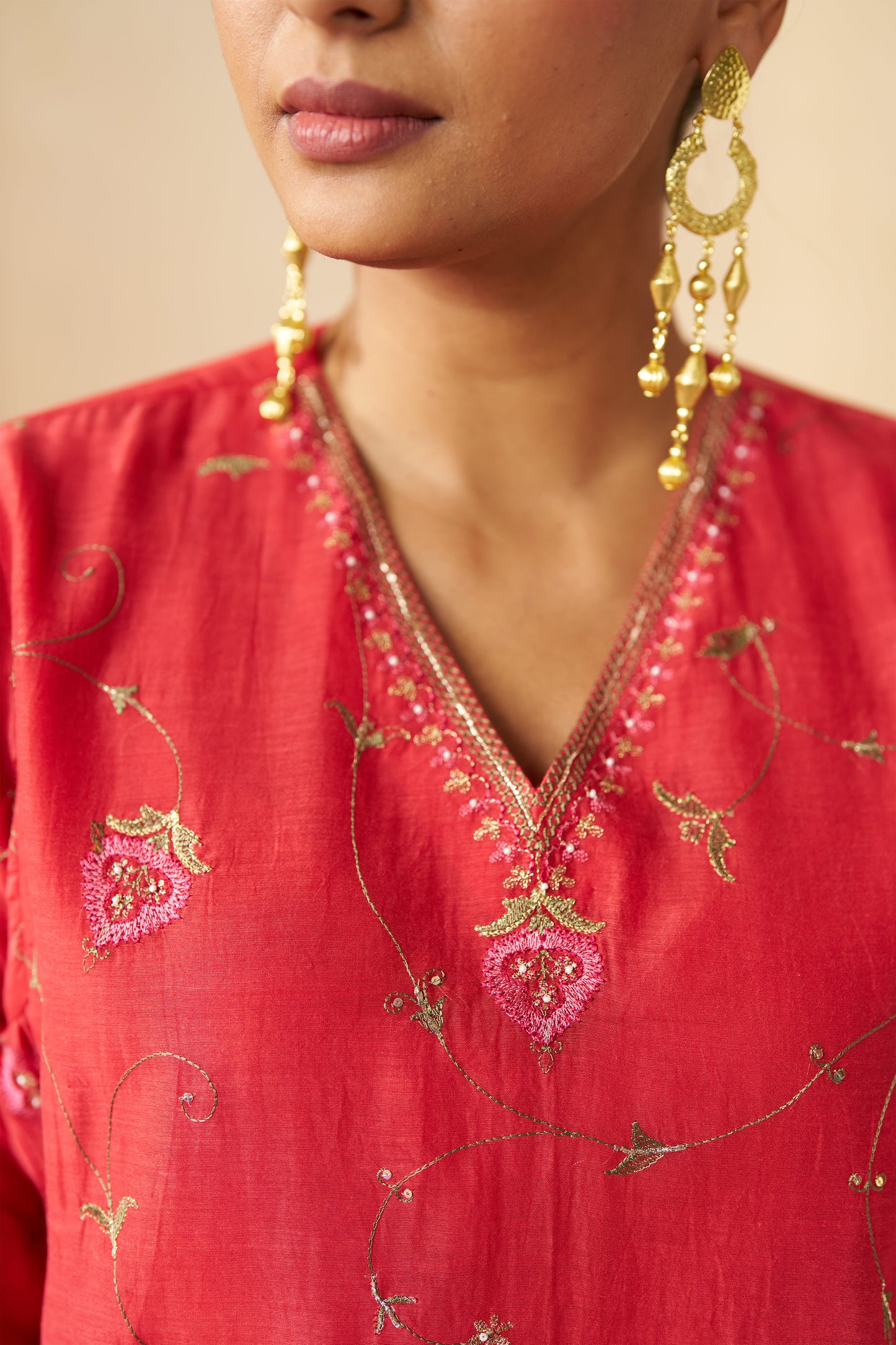 Gudhal Jaal Cord Set- Red
