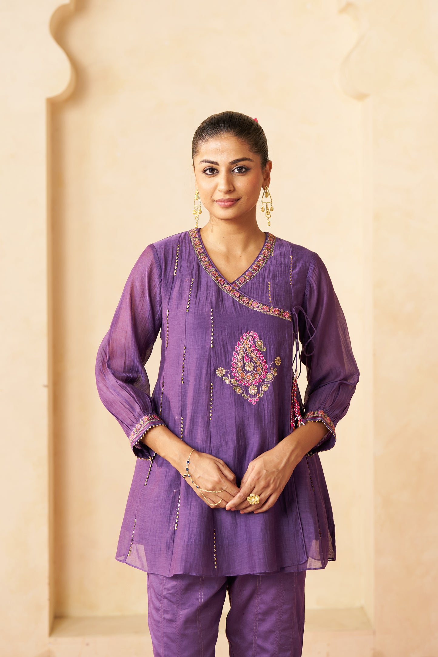 Shahi Gul Angrakha Cord Set- Purple