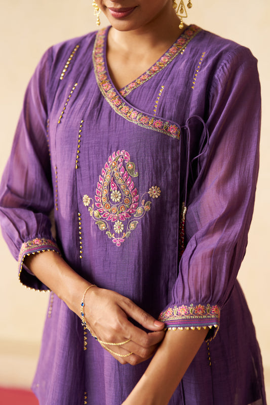 Shahi Gul Angrakha Cord Set- Purple
