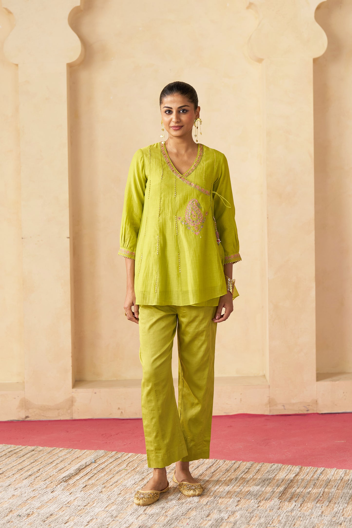 Shahi Gul Angrakha Cord Set- Lime