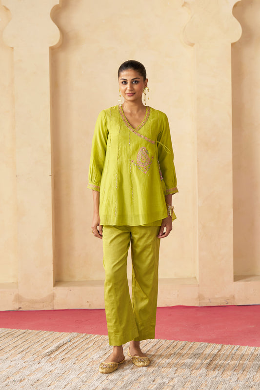 Shahi Gul Angrakha Cord Set- Lime