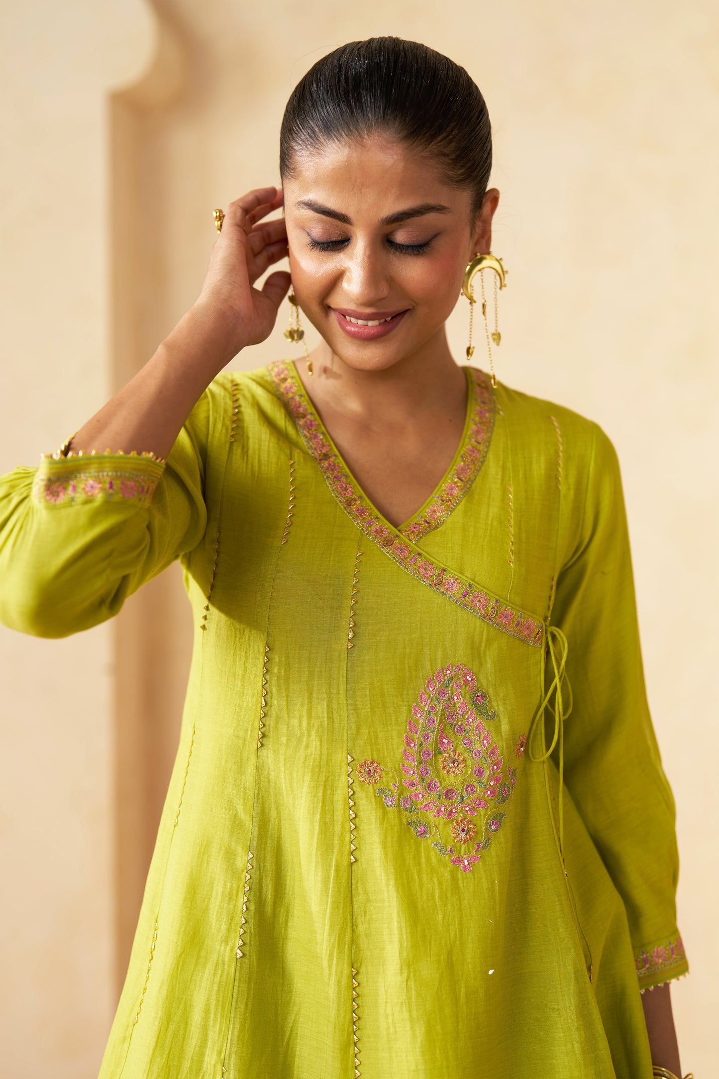 Shahi Gul Angrakha Cord Set- Lime