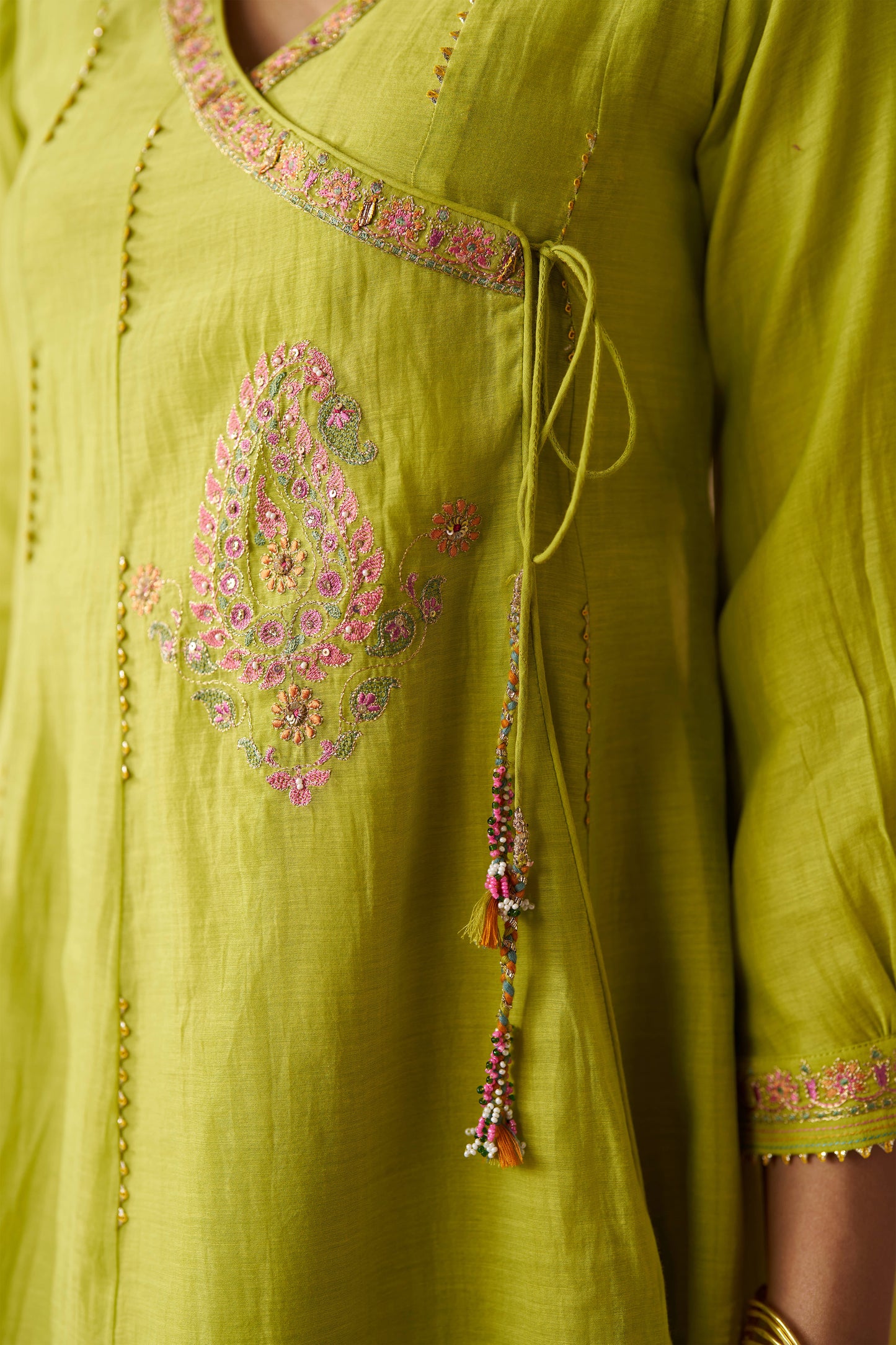 Shahi Gul Angrakha Cord Set- Lime