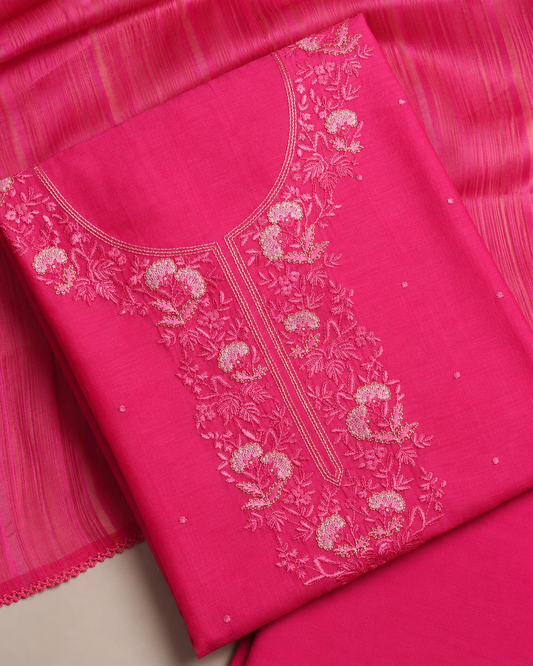 Pure Chanderi Pink Neck Jaal Emb Suit Piece