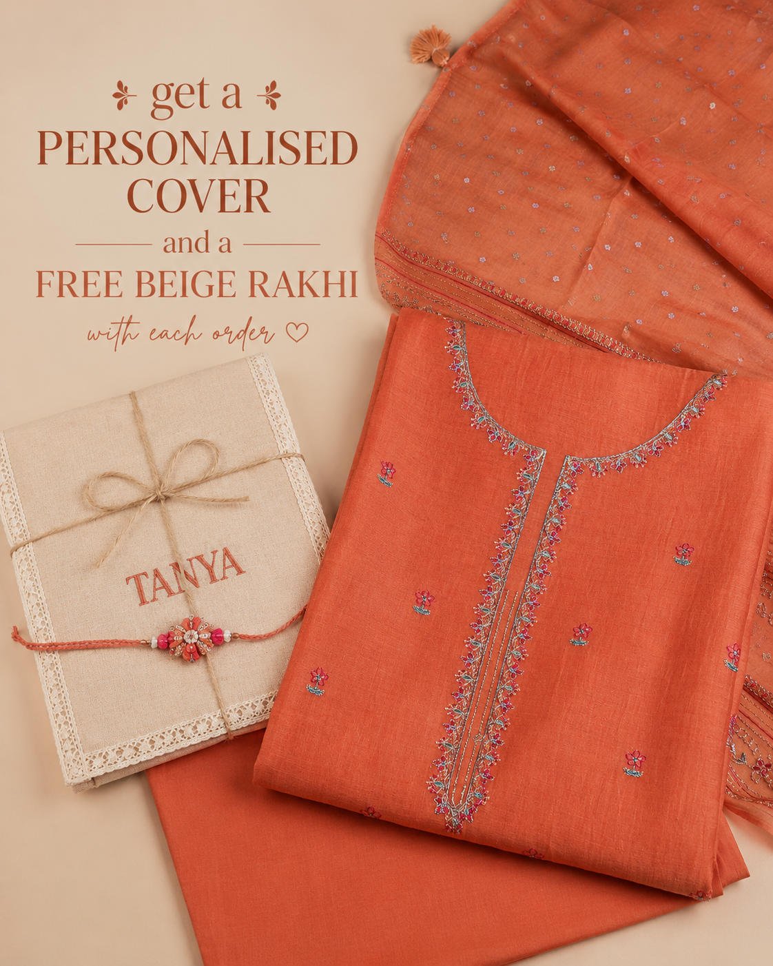 Pure Chanderi Orange Neck Emb Suit Piece