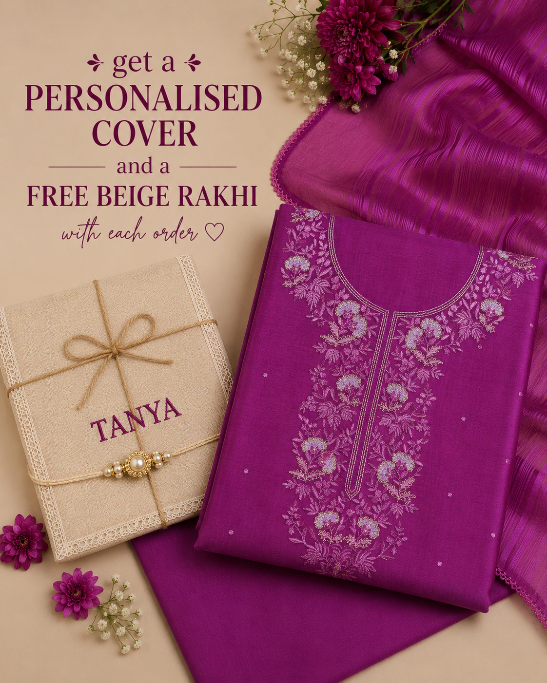 Pure Chanderi Purple Neck Jaal Emb Suit Piece