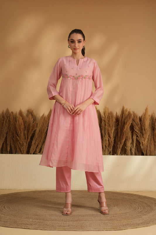 Gulbahaar U-Yoke Kurta Pant Set- Pink