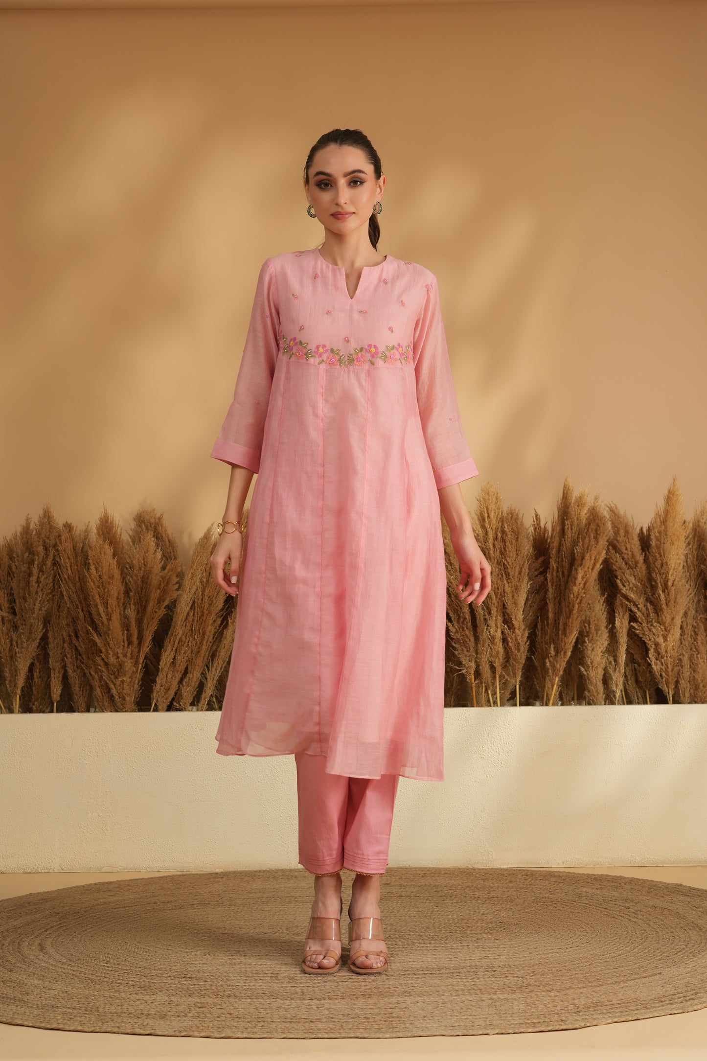 Gulbahaar U-Yoke Kurta Pant Set- Pink