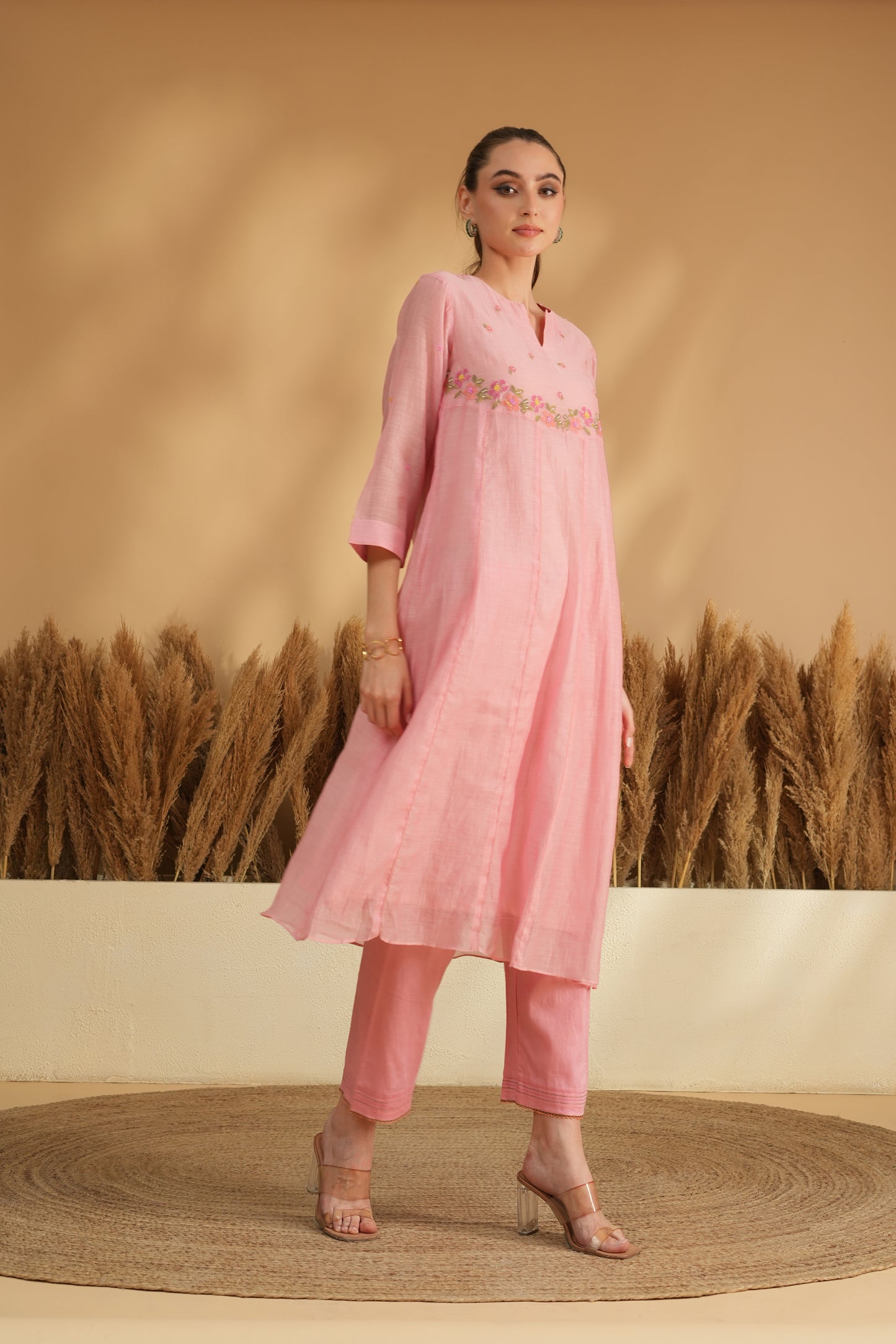 Gulbahaar U-Yoke Kurta Pant Set- Pink
