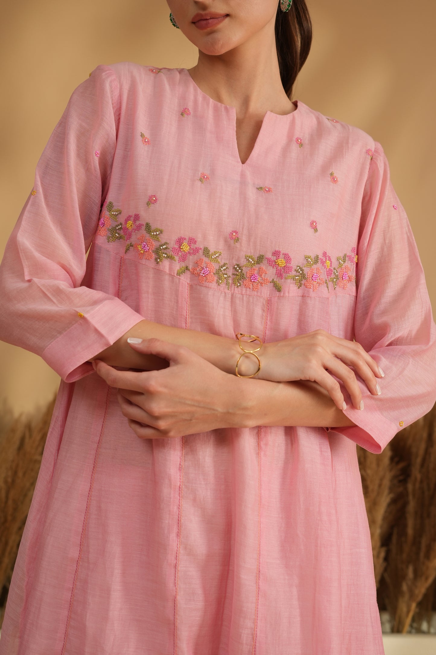 Gulbahaar U-Yoke Kurta Pant Set- Pink