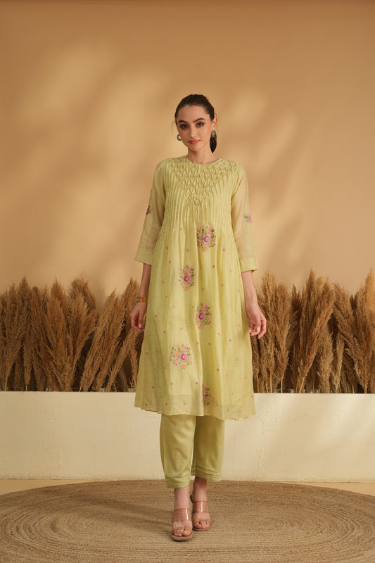Meher Smocking Kurta Pant Set- Green
