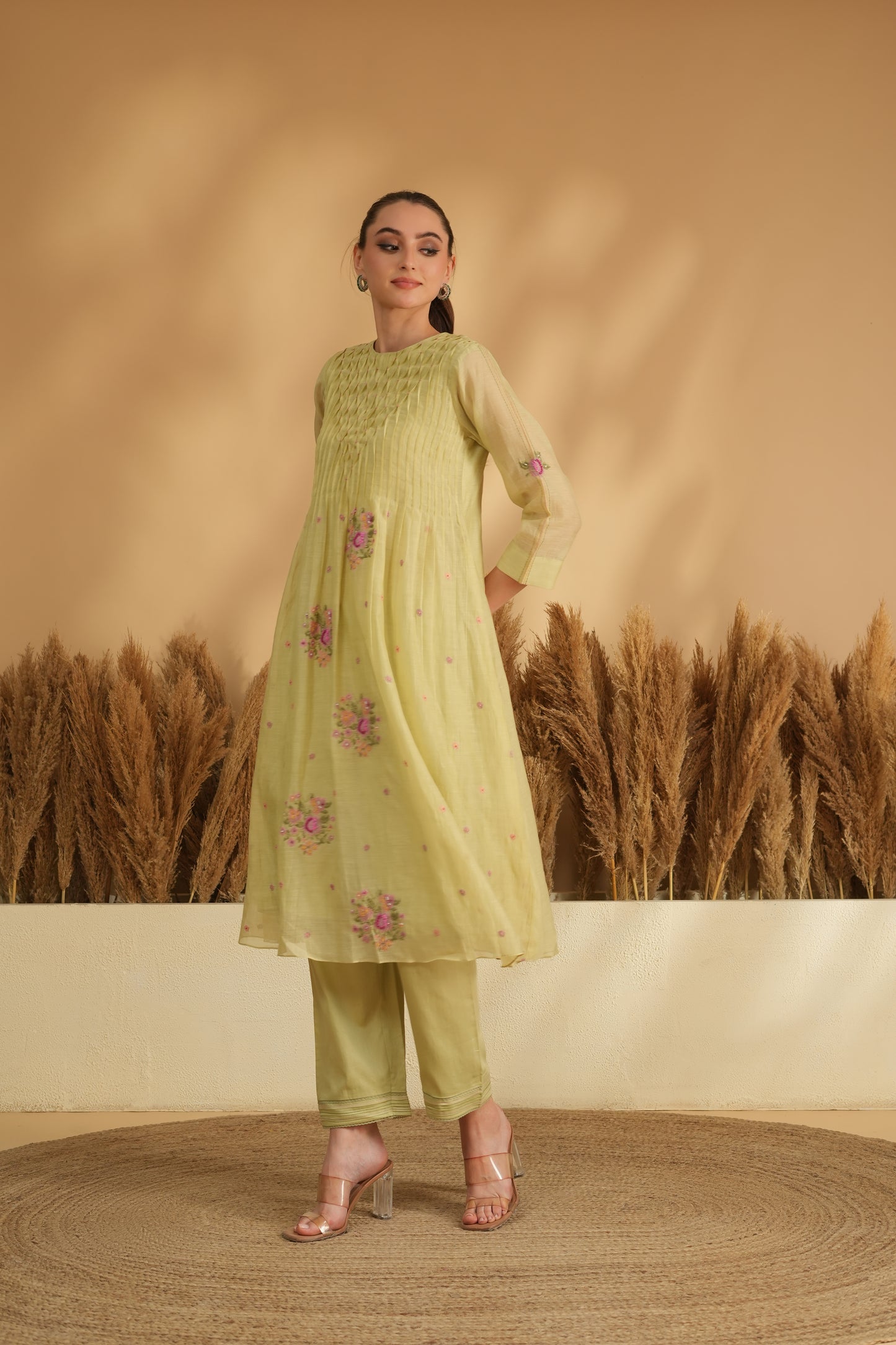 Meher Smocking Kurta Pant Set- Green