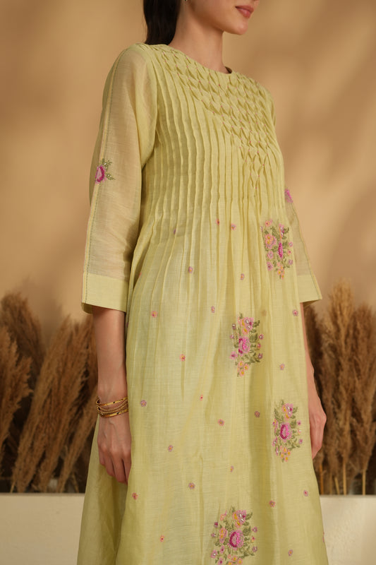 Meher Smocking Kurta Pant Set- Green