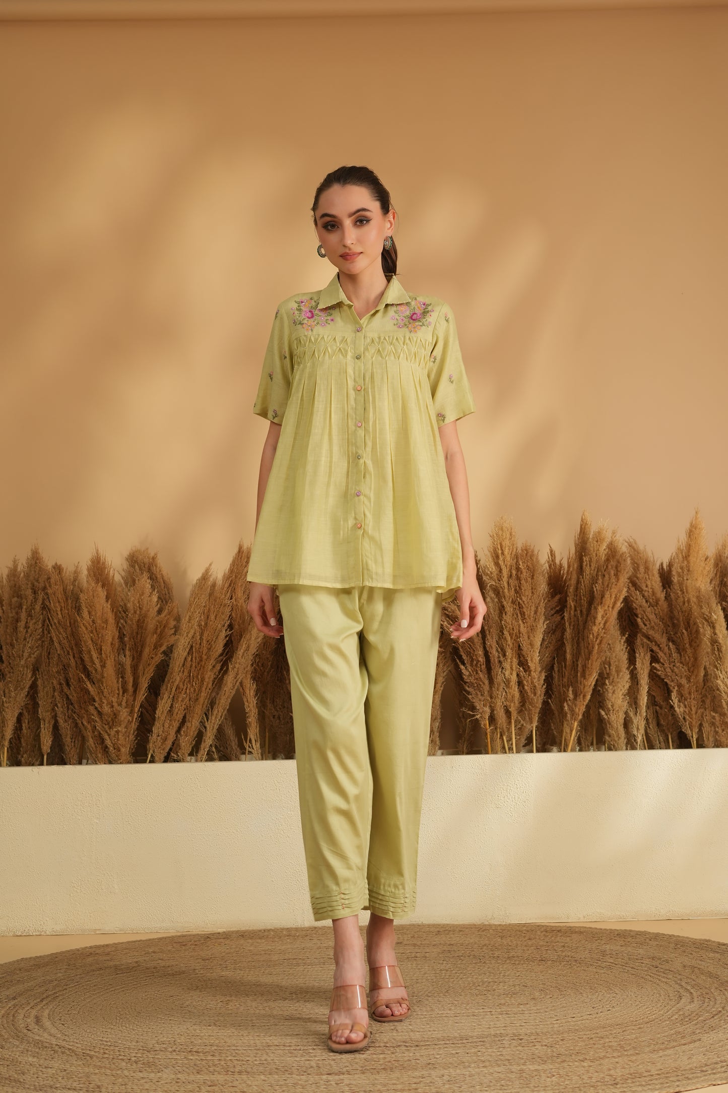 Falak Smocking Cord Set- Green