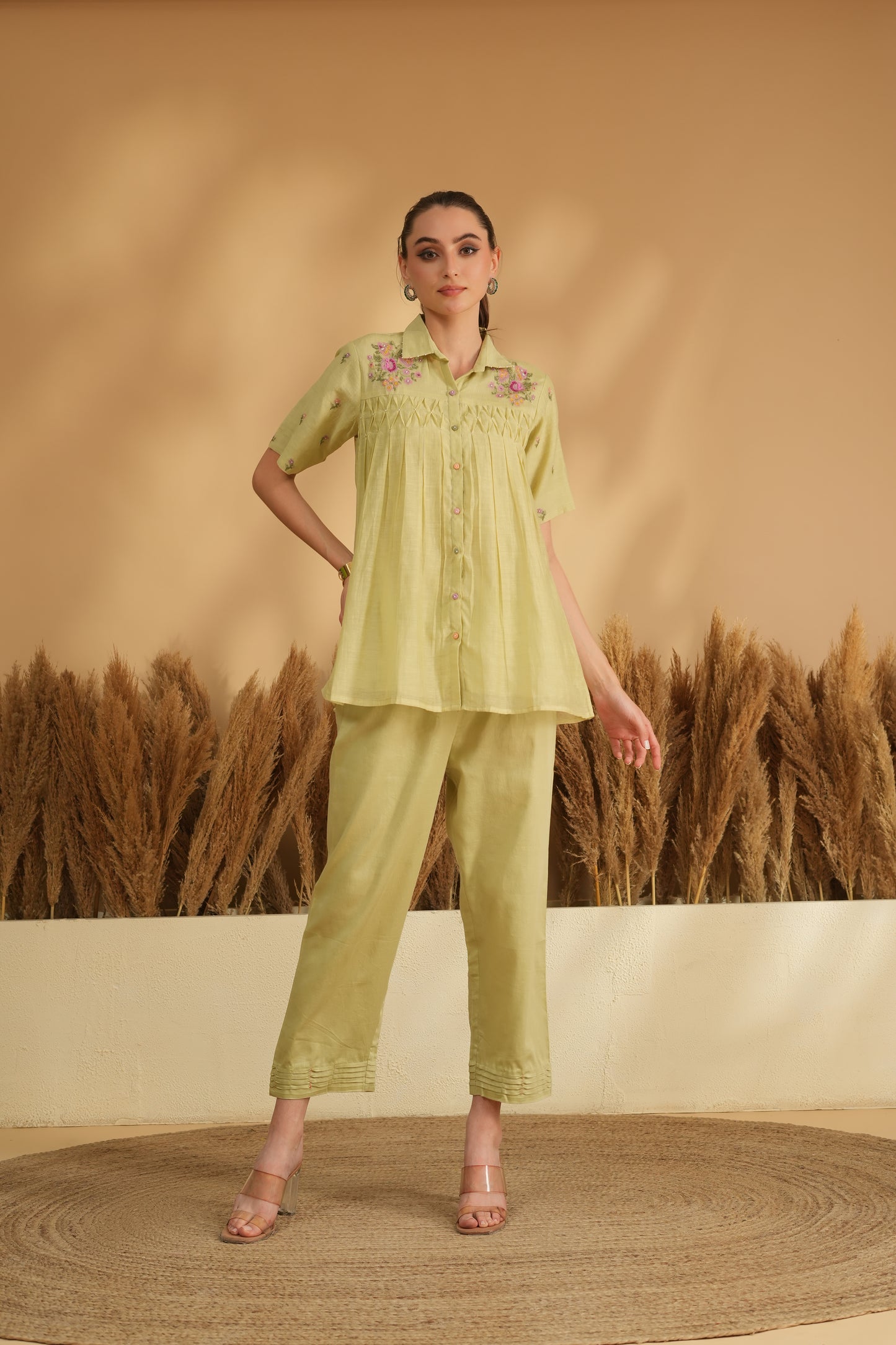 Falak Smocking Cord Set- Green