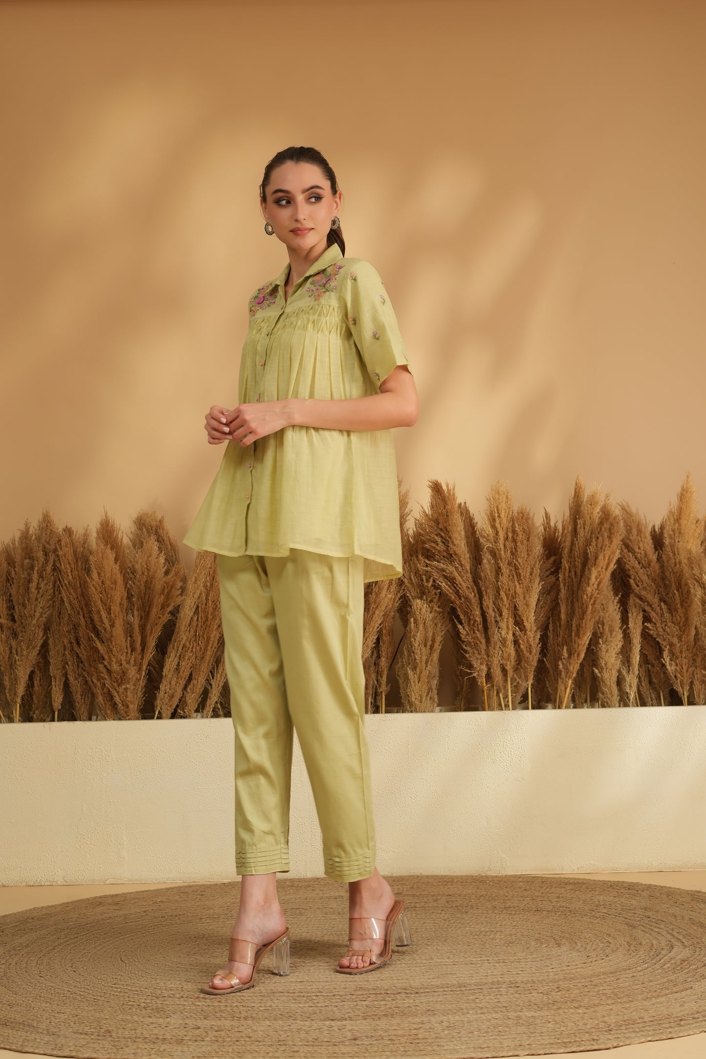 Falak Smocking Cord Set- Green